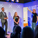 28. september: Kronprinsen forteller om fondsprosjektet Ungivest under DNB NXT sammen med Hedda Sofie Dahl (15) og Jostein Hyttebakk (17). Arrangementet er en del av Oslo Innovation Week. Foto: Mariam Butt, NTB scanpix